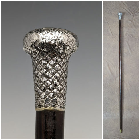 1901 British antique gentleman's walking stick, pure silver, engraved pattern, round handle, 89cm